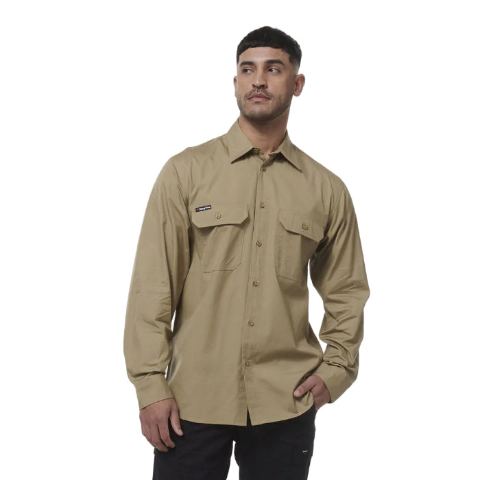 khaki KingGee K14031 Mens Workcool Vented Shirt Long Sleeve front model view