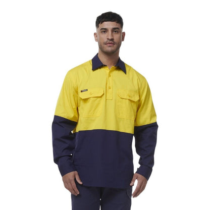 KingGee K54011 Workcool Vented closed Front Spliced Shirt Fluoro Yellow navy- Lifestyle View front view