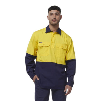 KingGee K54011 Workcool Vented closed Front Spliced Shirt Fluoro Yellow navy- Lifestyle View front view