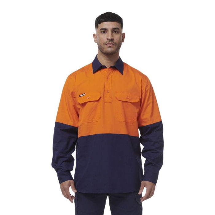KingGee K54011 Workcool Vented closed Front Spliced Shirt  Product front View orange navy