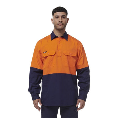 KingGee K54011 Workcool Vented closed Front Spliced Shirt  Product front View orange navy