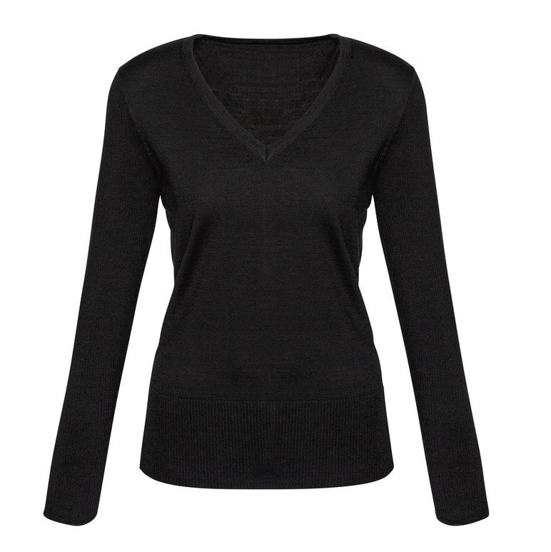 Womans Black semi fitted, machine washable knitwear, winter long sleeve V neck Biz Collection LP618L Ladies Milano Knit Pullover