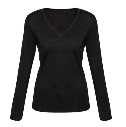Womans Black semi fitted, machine washable knitwear, winter long sleeve V neck Biz Collection LP618L Ladies Milano Knit Pullover