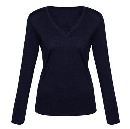 Navy v neck knitwear, wool blend jumper,  ladies workwear, professional Biz Collection LP618L Ladies Milano Knit Pullover
