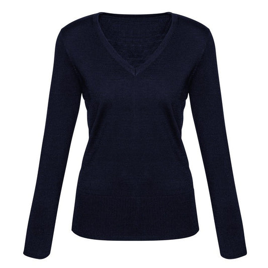 Navy v neck knitwear, wool blend jumper,  ladies workwear, professional Biz Collection LP618L Ladies Milano Knit Pullover
