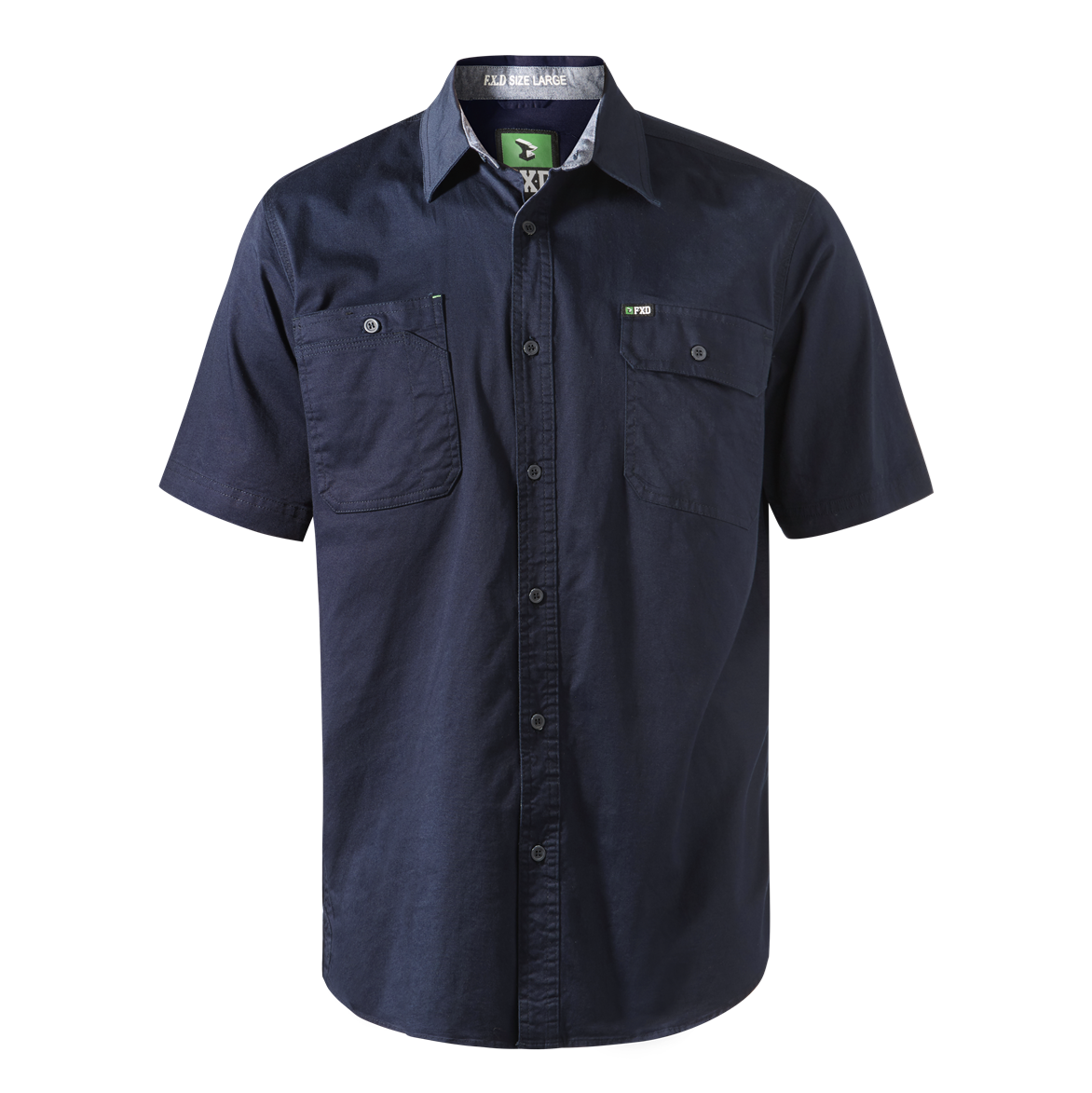Mens navy longer length shirt denim collar detail modern tailoured fit FXD SSH-1 Short Sleeve Work Shirt