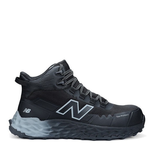 Black hiking boot with New Balance logo on a white background
