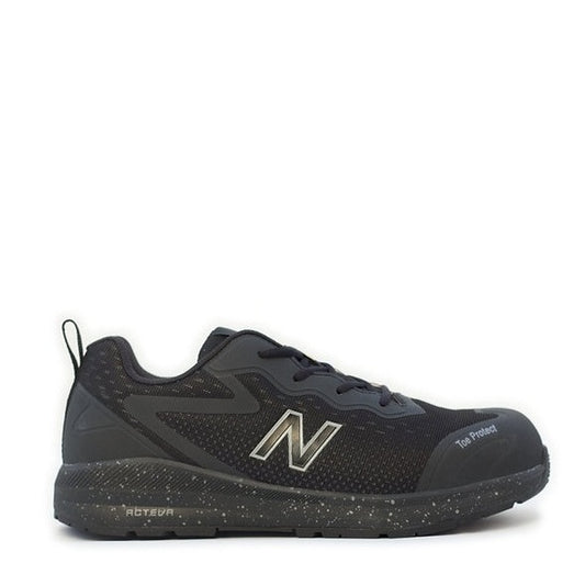 Black athletic shoe with New Balance logo on a white background