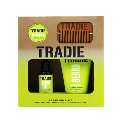 TRADIE beard care kit with bottle, balm, and comb in packaging