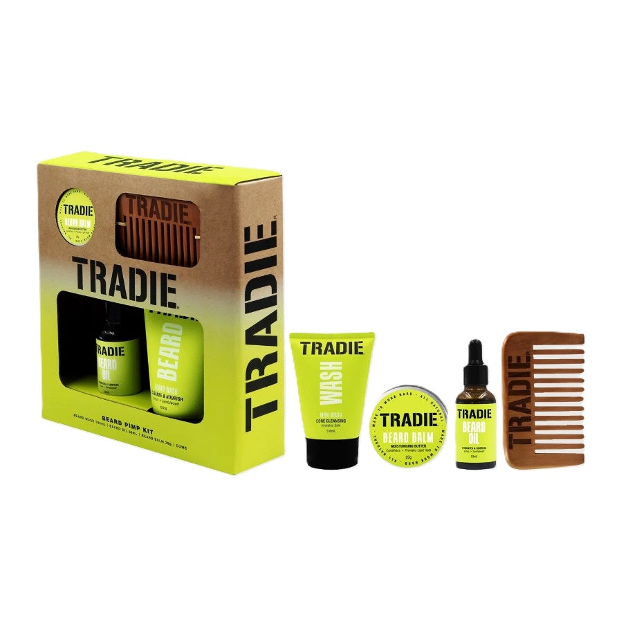 Tradie beard care product set including a box, bottles, a tube, a dropper, and a comb on a white background.