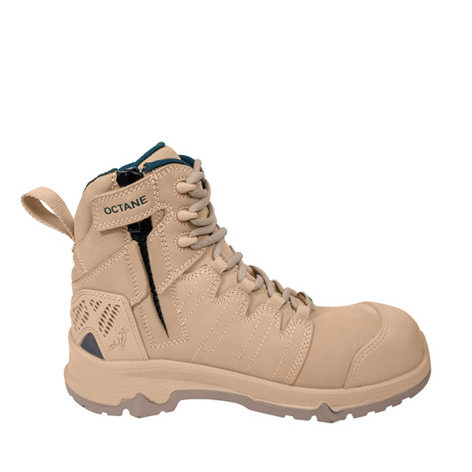 womens specific fit,  beige tactical-style ankle boot with a side zipper, lace-up front, and pull tab, Mack MKOCTAL2Z Ladies Octane Zip 2.0 Safety Boots, side zip view
