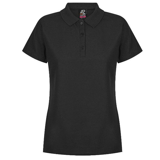 A black Aussie Pacific Hunter ladies polo shirt with a collar, short sleeves, and buttons at the neck.