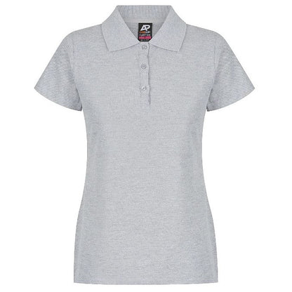 A grey marle women's polo shirt with a collar, short sleeves, and buttons at the neck Aussie Pacific N2312 Hunter Ladies Polo Grey Marle - Front view