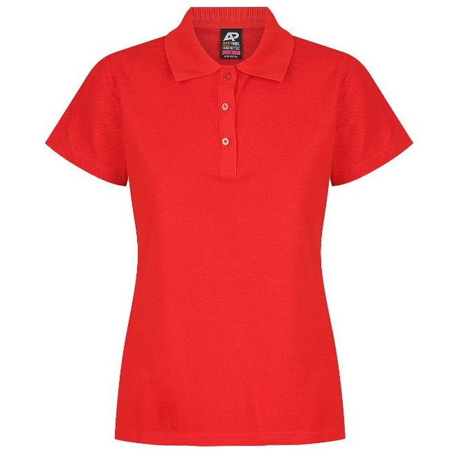 A red Aussie Pacific N2312 Hunter ladies polo shirt with a collar, short sleeves, and button-up neck - Front