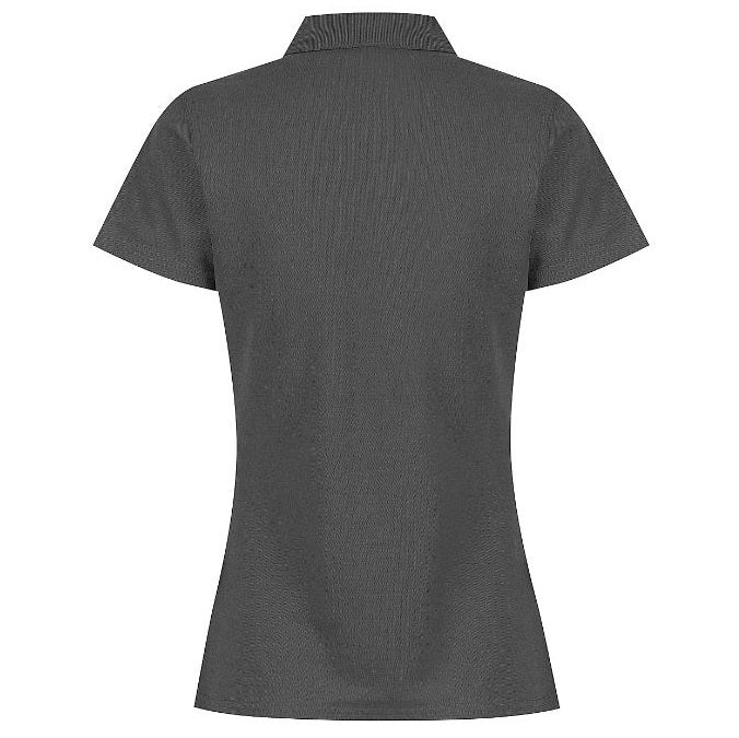 A slate coloured Aussie Pacific N2312 Hunter ladies polo shirt with short sleeves, collar, and three button placket - back view