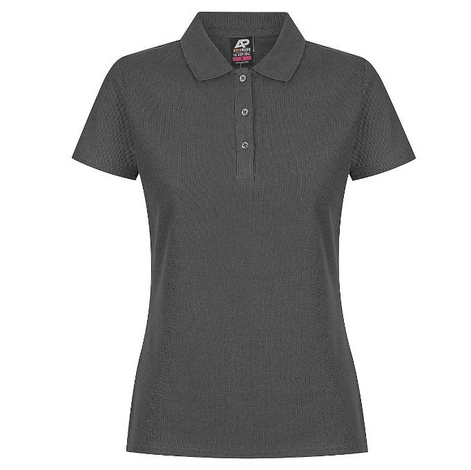 A slate coloured Aussie Pacific N2312 Hunter ladies polo shirt with short sleeves, collar, and three button placket - front view