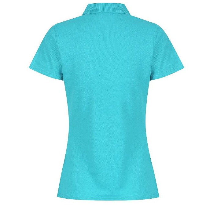 A teal-colored Aussie Pacific N2312 Hunter ladies polo work shirt with a collar, short sleeves, and button-up front - back view