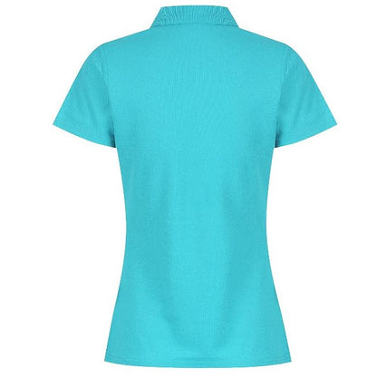 A teal-colored Aussie Pacific N2312 Hunter ladies polo work shirt with a collar, short sleeves, and button-up front - back view