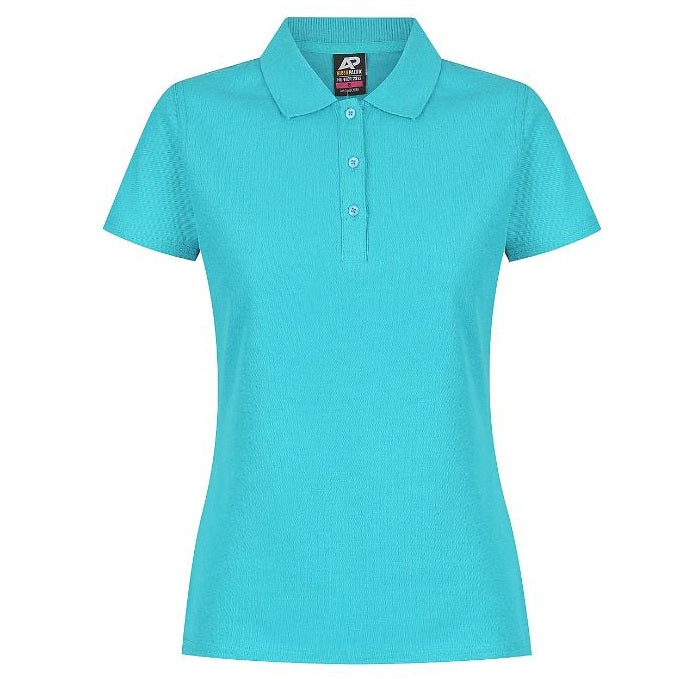 A teal-colored Aussie Pacific N2312 Hunter ladies polo work shirt with a collar, short sleeves, and button-up front - front view