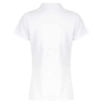 A white Aussie Pacific N2312 Hunter Ladies Polo shirt with a collar, short sleeves, and a front button placket. - Back view