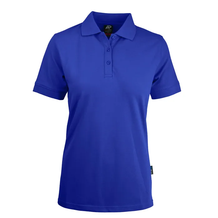 A royal blue Aussie Pacific N2315 Claremont ladies polo shirt with a knitted collar, short sleeves, and side vents. - Front view