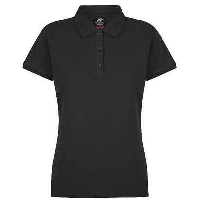 A black Aussie Pacific Claremont ladies polo shirt with a knitted collar, short sleeves, and button-up front. - Front view