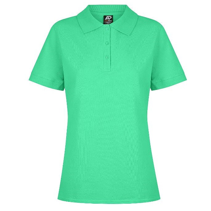 A green Aussie Pacific Claremont ladies polo shirt with a knitted collar, short sleeves, and side splits. - Front view
