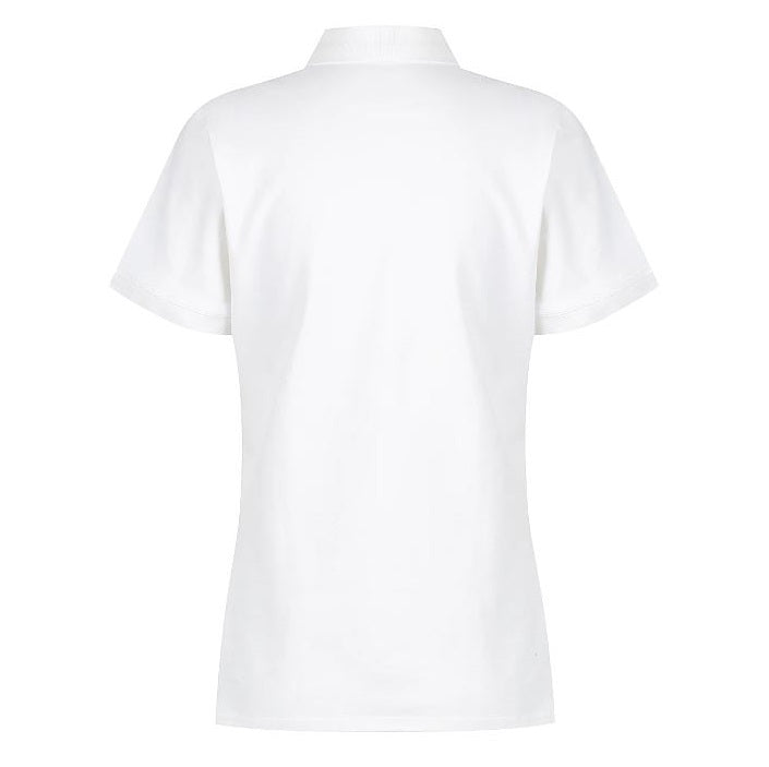 A white Aussie Pacific Claremont ladies polo shirt with a knitted collar, short sleeves, and side vents. - Back view