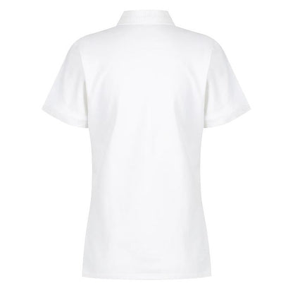 A white Aussie Pacific Claremont ladies polo shirt with a knitted collar, short sleeves, and side vents. - Back view