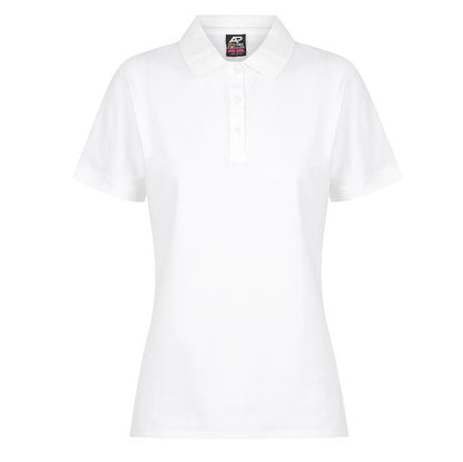 A white Aussie Pacific Claremont ladies polo shirt with a knitted collar, short sleeves, and side vents. - Front view