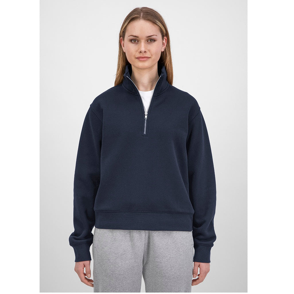 Person wearing a navy blue quarter-zip sweatshirt and gray pants on a white background
