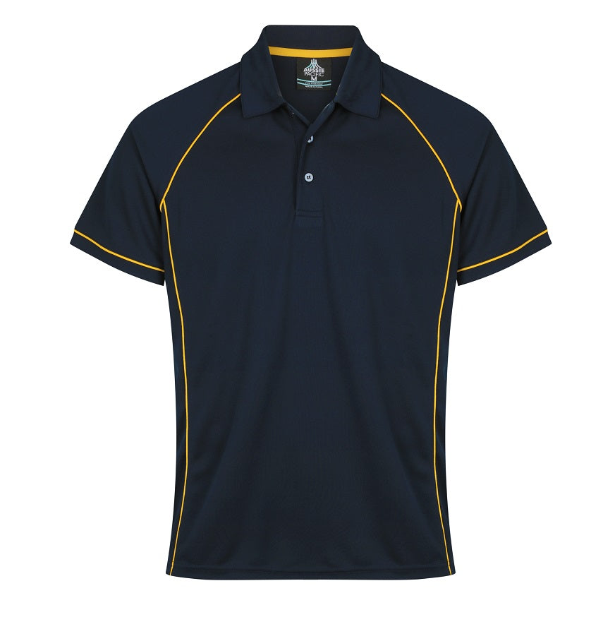A navy blue coloured polo with gold piping detail short sleeve easy care work polo Aussie Pacific N1310 Mens Endeavour Polo