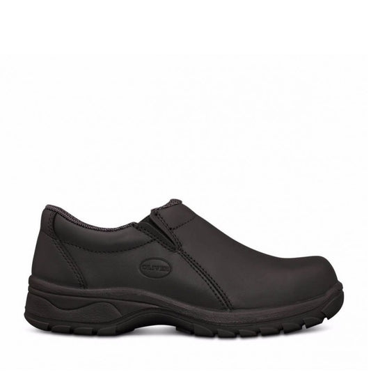 Women's Black Slip on work shoes, ladies safety shoes, steel toe work shoes, black safetyshoes, water resistant shoes, slip resistant work shoes, leather work shoes, warehouse shoes, hospitality footwear, manufacturing shoes, logistics safety shoes, commercial kitchen shoes, industrial safety footwear, women's PPE, comfortable workshoes