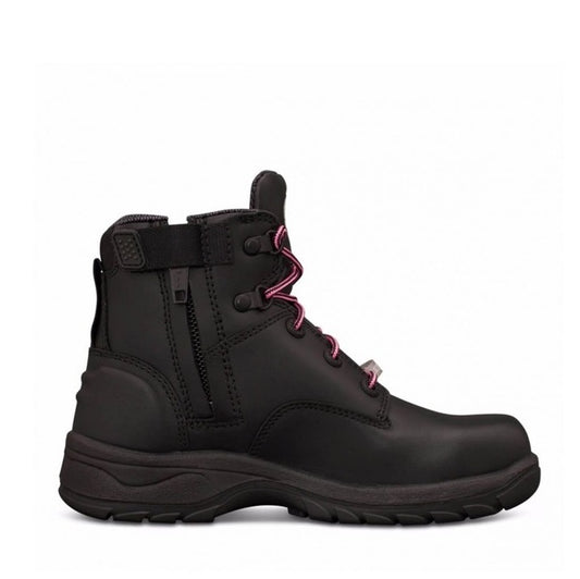 Womens Black Zip Sided Steel toe, Water-resistant, woman's specific fit, 
dependable workplace protection, Lightweight, Long-wearing rubber outsole,  excellent grip and durability, Slip-resistant Boots