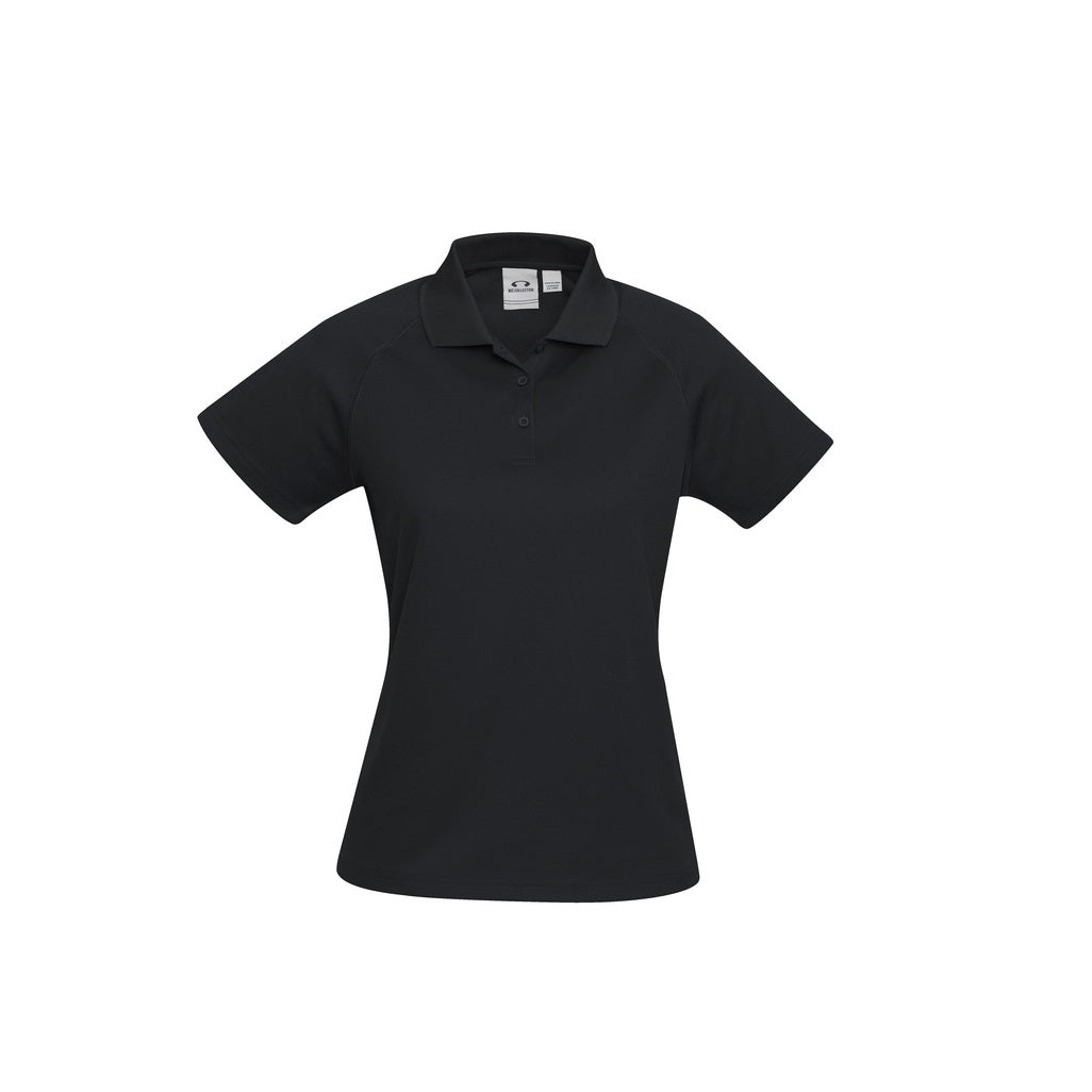 A woman wearing a white Biz Collection ladies' polo shirt with a collar, short sleeves, and a slim fit.