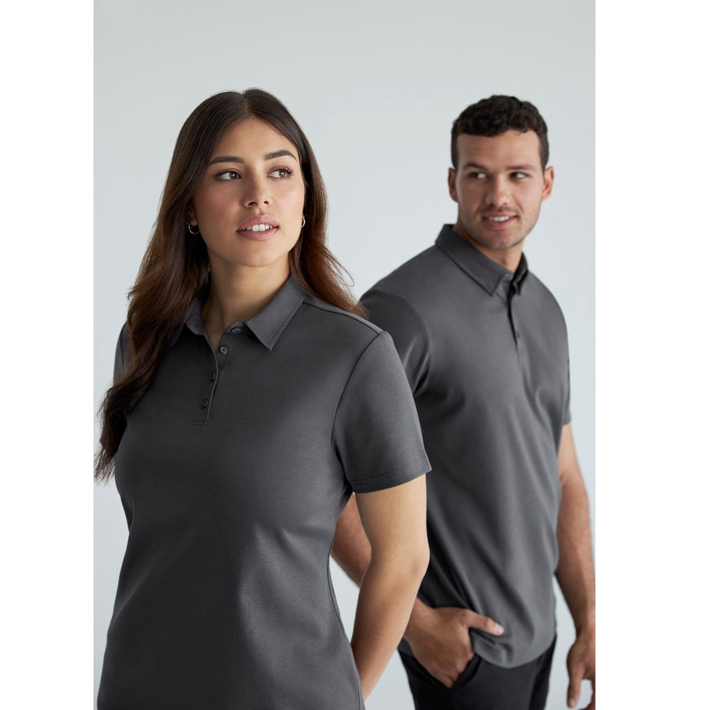 Two people wearing gray polo shirts against a white background