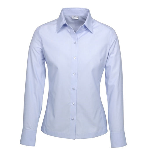 Women's light blue, pale blue classic light modern fit professional workplace and hospitality shirt button down with UPF Rating semi fitted ladies business shirt, long sleeve business shirt, corporate uniform shirt, office shirt, striped business shirt, women's workwear.