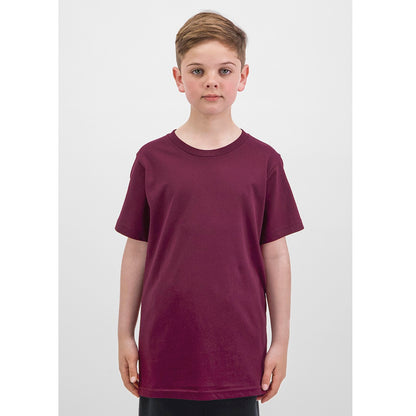 Child wearing a maroon t-shirt on a white background