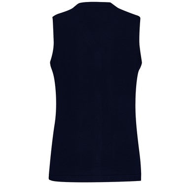 Biz Care CK961LV Ladies Healthcare Button Front Knit Vest in colour Navy  - Back view with white background