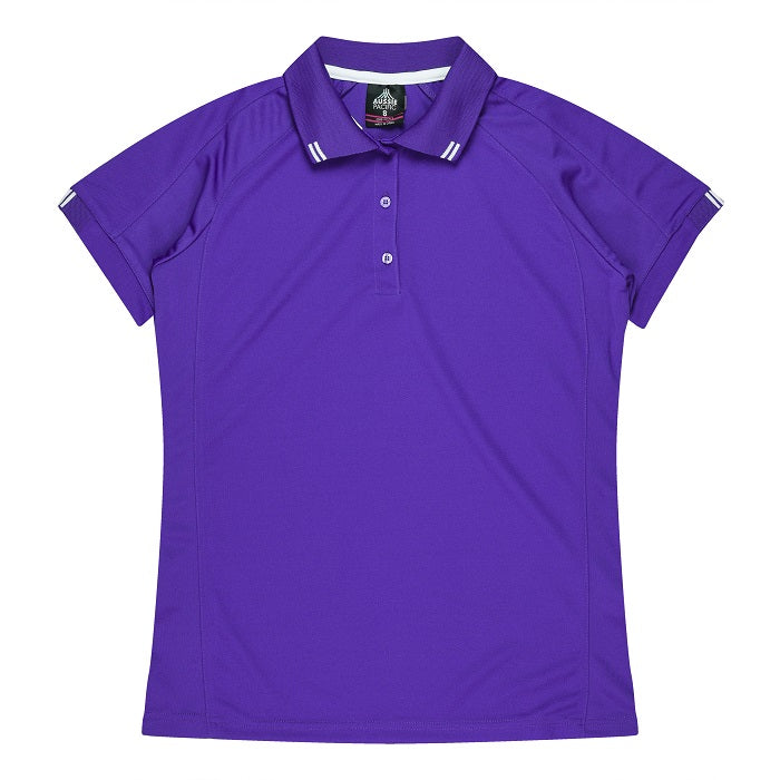 Womens purple with white stripe detail premium performance professional polo shirt. Aussie Pacific N2308 Flinders Lady Polos