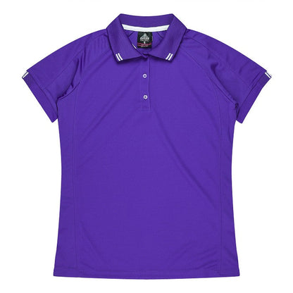 Womens purple with white stripe detail premium performance professional polo shirt. Aussie Pacific N2308 Flinders Lady Polos