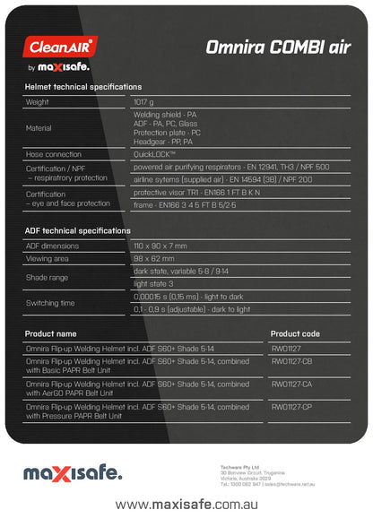 Maxisafe R303201 CleanAIR Omnira COMBI Welding Helmet & AerGO PAPR Kit