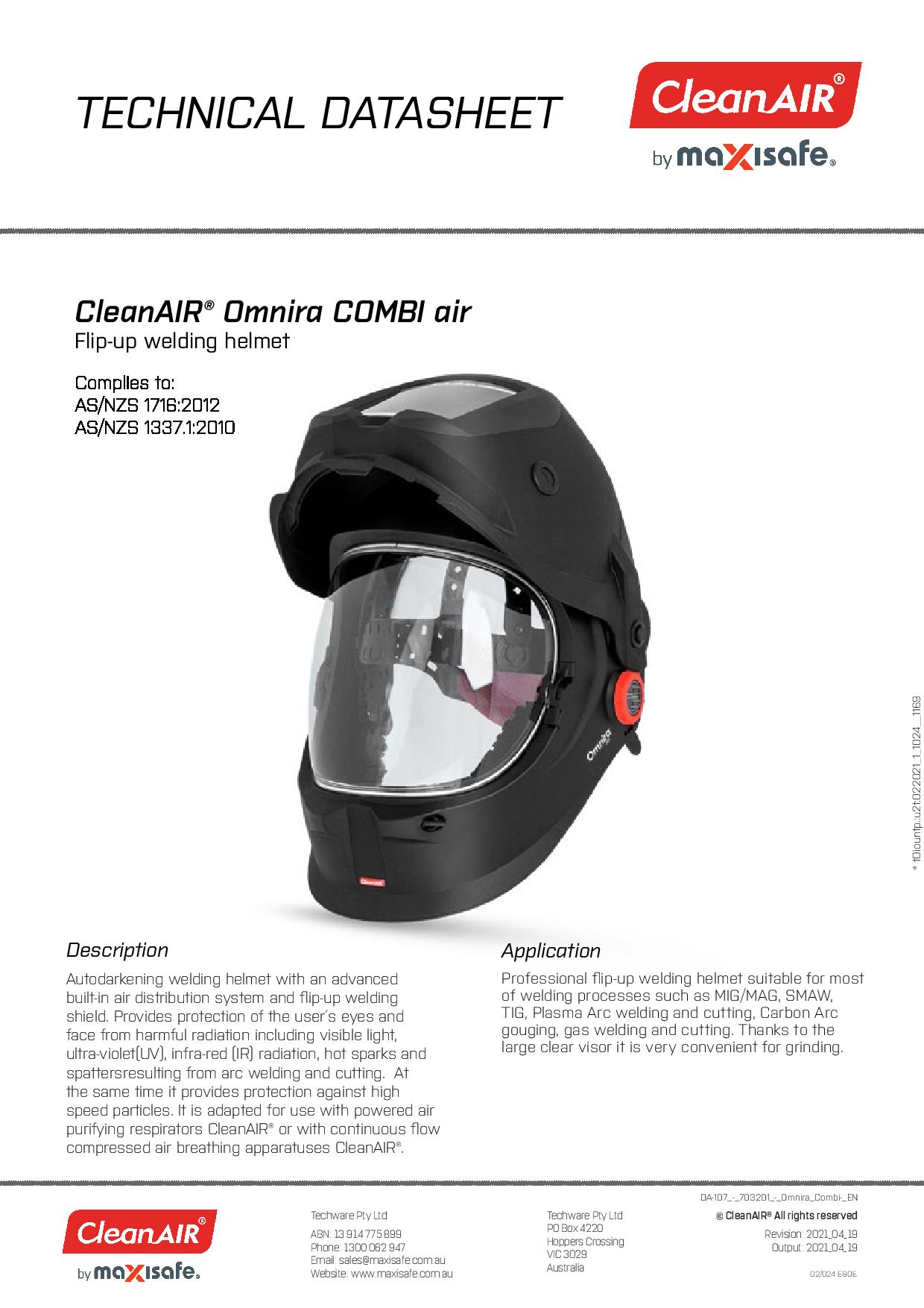 Maxisafe R303201 CleanAIR Omnira COMBI Welding Helmet & AerGO PAPR Kit