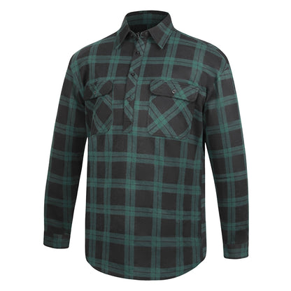 Green and black plaid  button down Pilbara RM123SCF Closed Front Flannelette Shirt