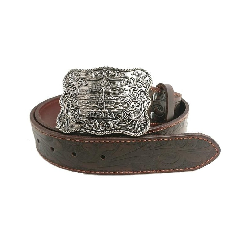 Pilbara RMPW003 Western Rodeo Buckle Tooled Leather Belt