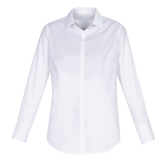 Womens white cotton elastane easy care scooped shaped hem business shirt Biz Collection S016LL Ladies Camden Oxford Long Sleeve Shirt