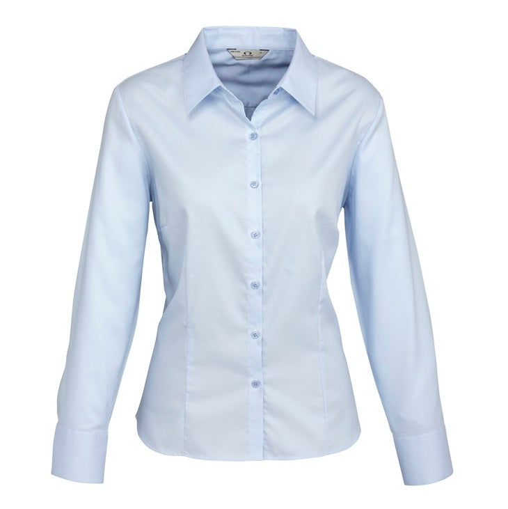 Womens light blue business corporate everday office tapered flattering Easy iron fabric Semi fitted fit Biz Collection S118LL Ladies Luxe Long Sleeve Shirt