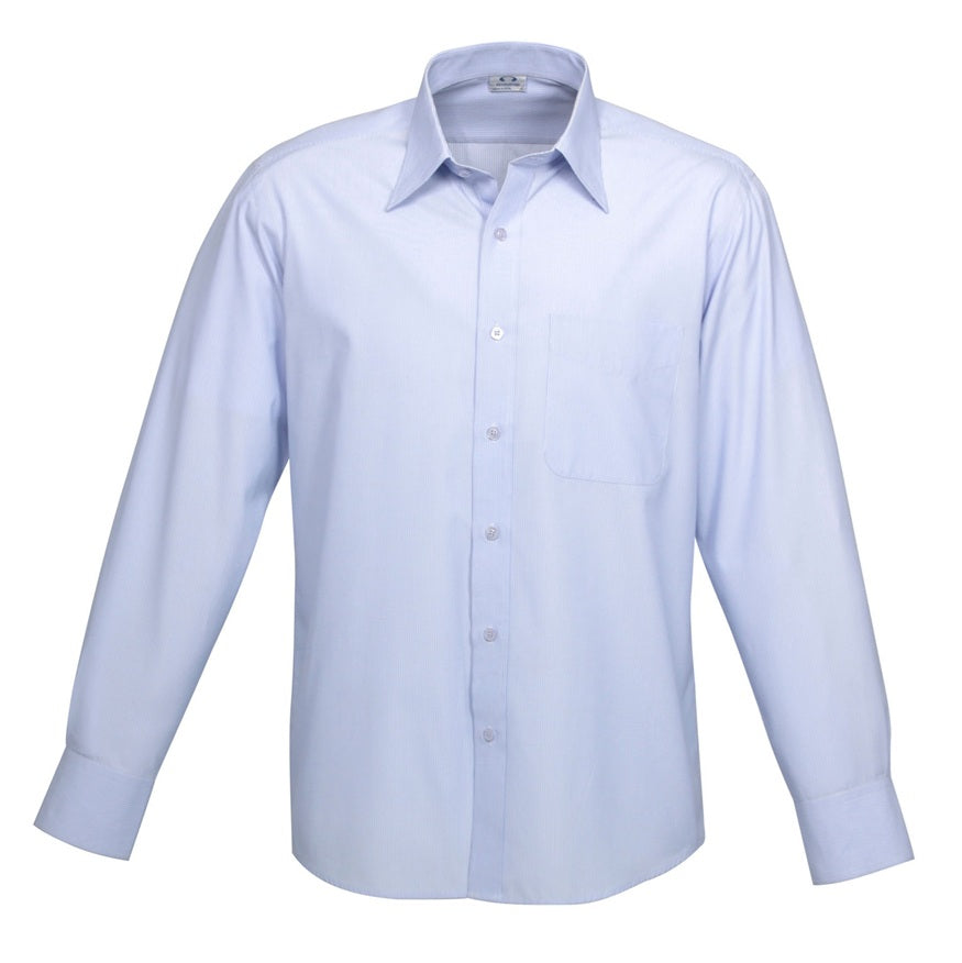 Mens light blue and white fine stripe easy care wrinkle resistant easy iron long wearing everyday professional corporate office wear classic fit UPF Rated