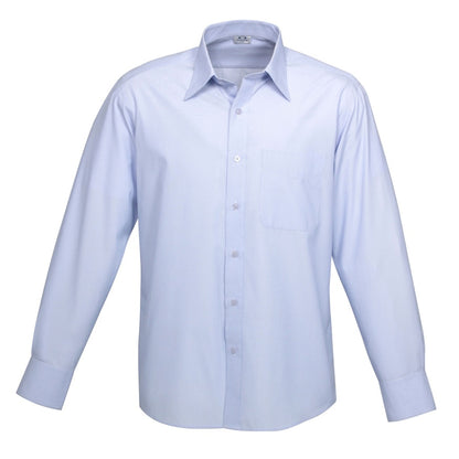 Mens light blue and white fine stripe easy care wrinkle resistant easy iron long wearing everyday professional corporate office wear classic fit UPF Rated