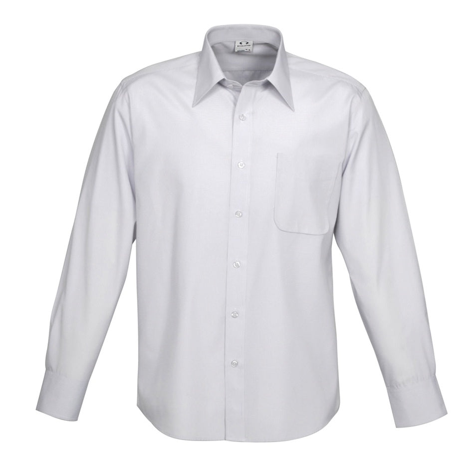 Mens sliver and white fine striped breathable easy care every day Easy iron and shrink-resistant UPF Rating cuff openings for cufflinks, Two back shoulder pleats for enhanced comfort and mobility, Classic fit, men's long sleeve business shirt, ambassador business shirt, corporate uniform, office work shirt, executive shirt, striped business shirt